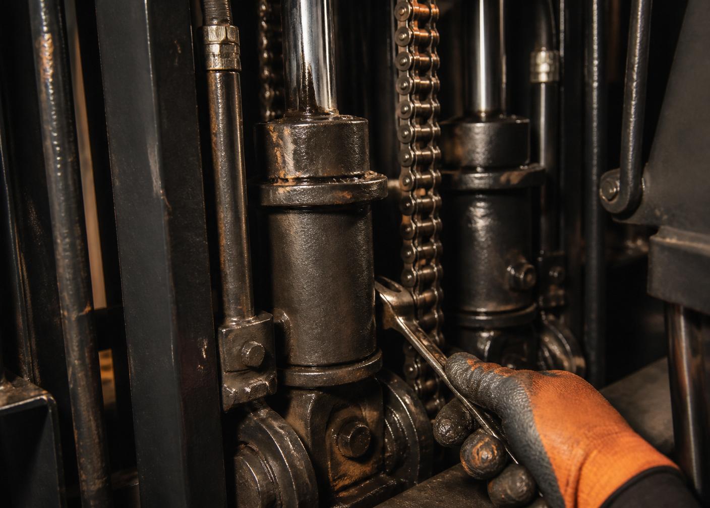 Forklift hydraulic components being serviced
