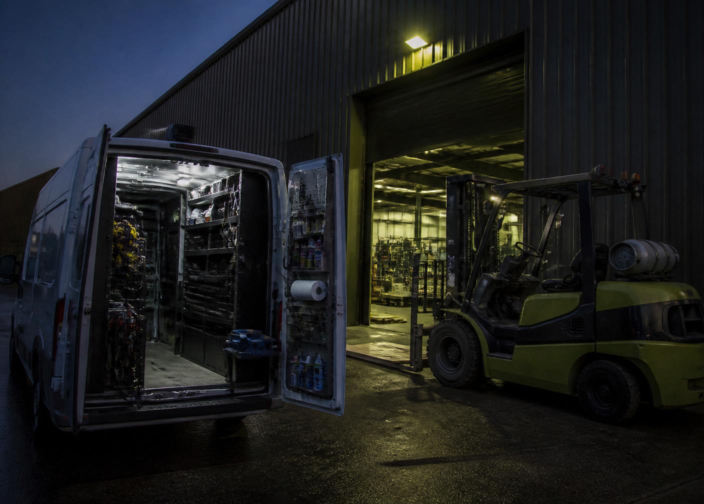 Service van at a plant loading bay beside a forklift