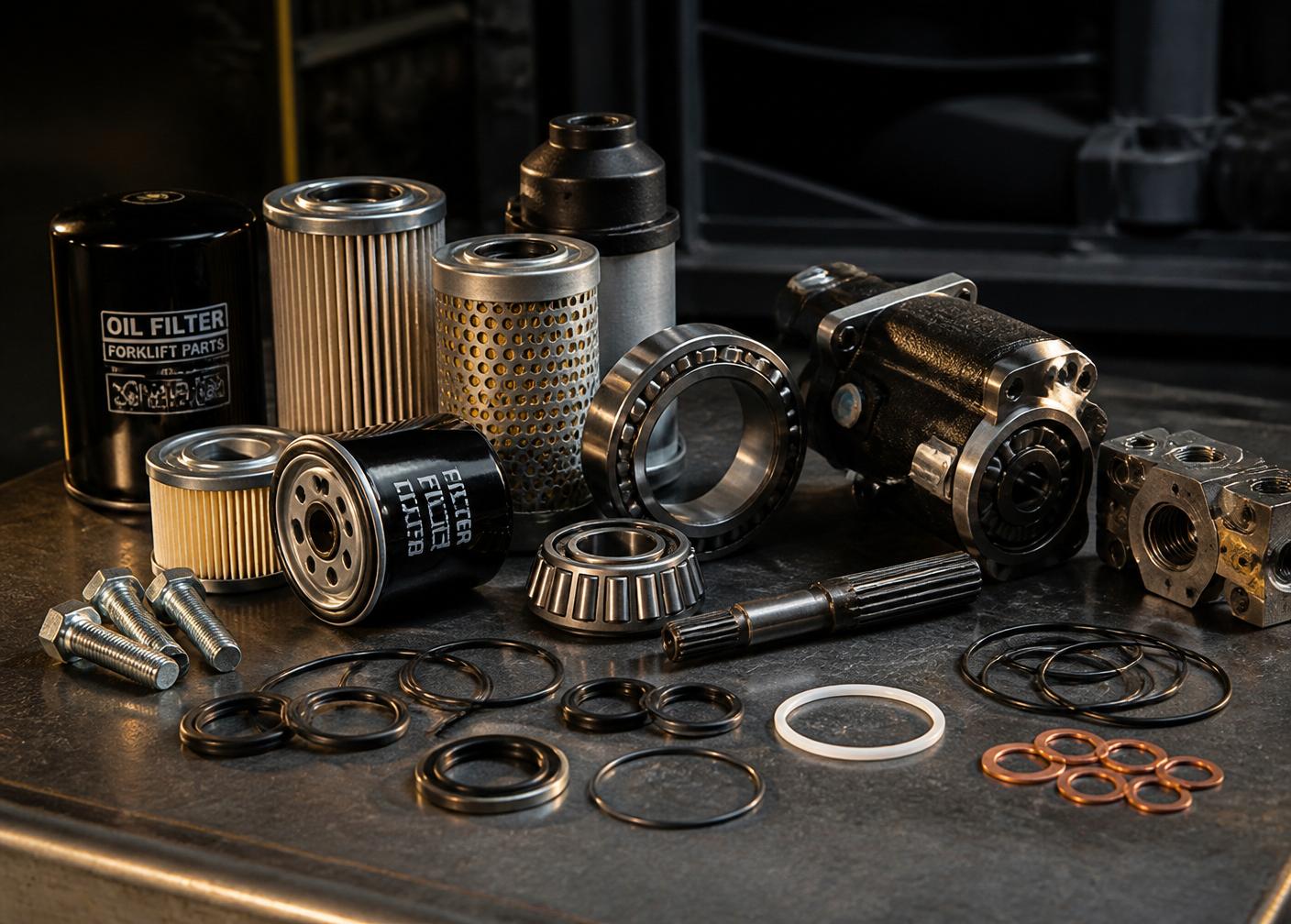 Genuine forklift spare parts on a workbench