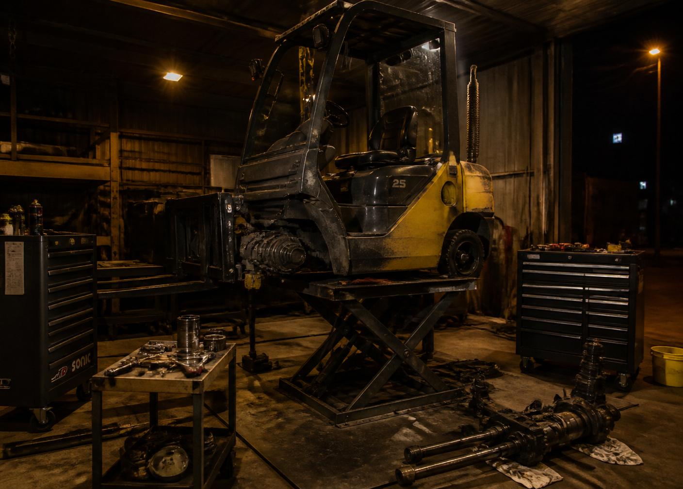 Forklift undergoing repair in an industrial workshop